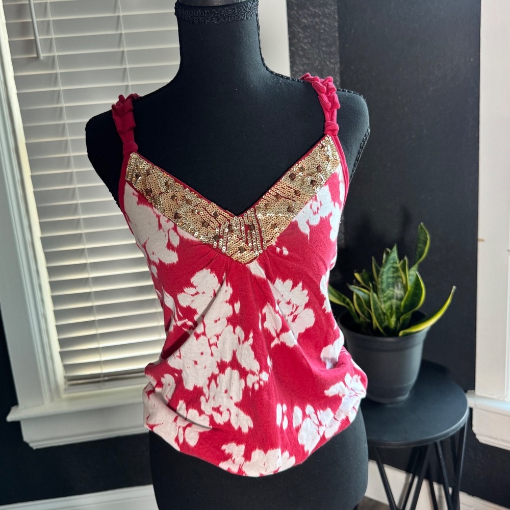 Vintage Abercrombie & Fitch Y2K Red Floral Tie Dye Sequin Cami Top XS